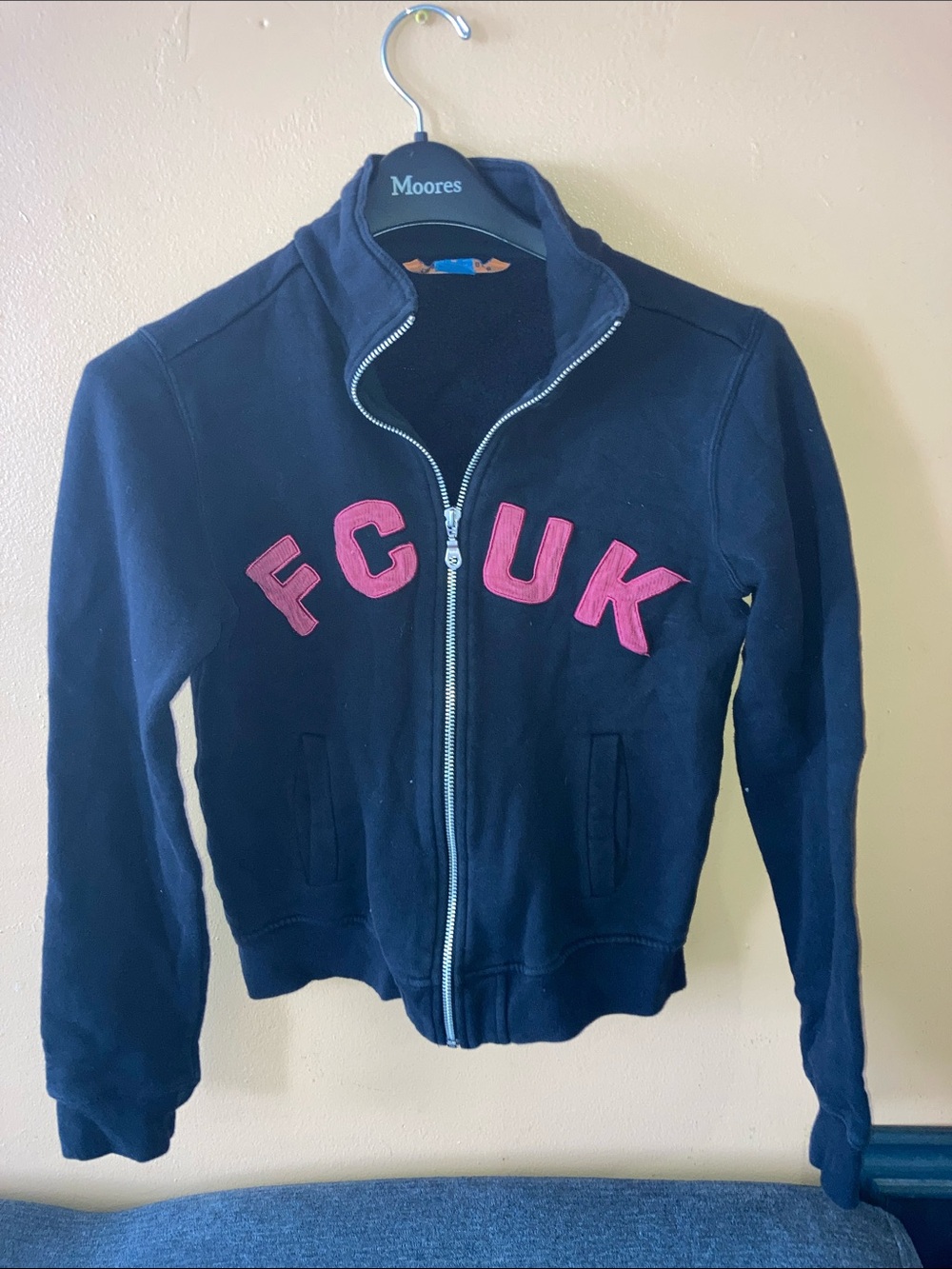 Y2K French Connection Navy Zip-Up Hoodie with Pink Lettering